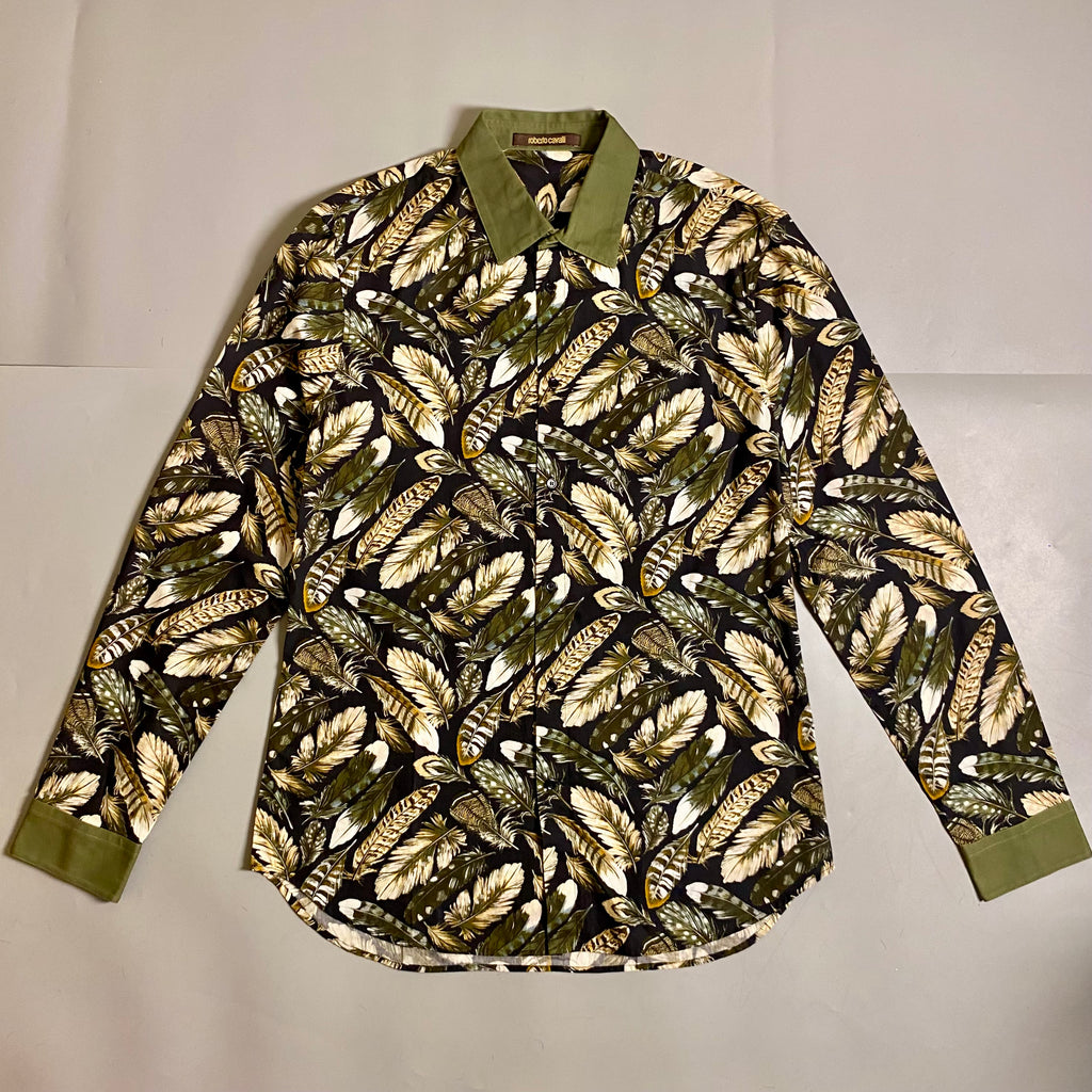 Roberto Cavalli Feathers print button down long sleeve