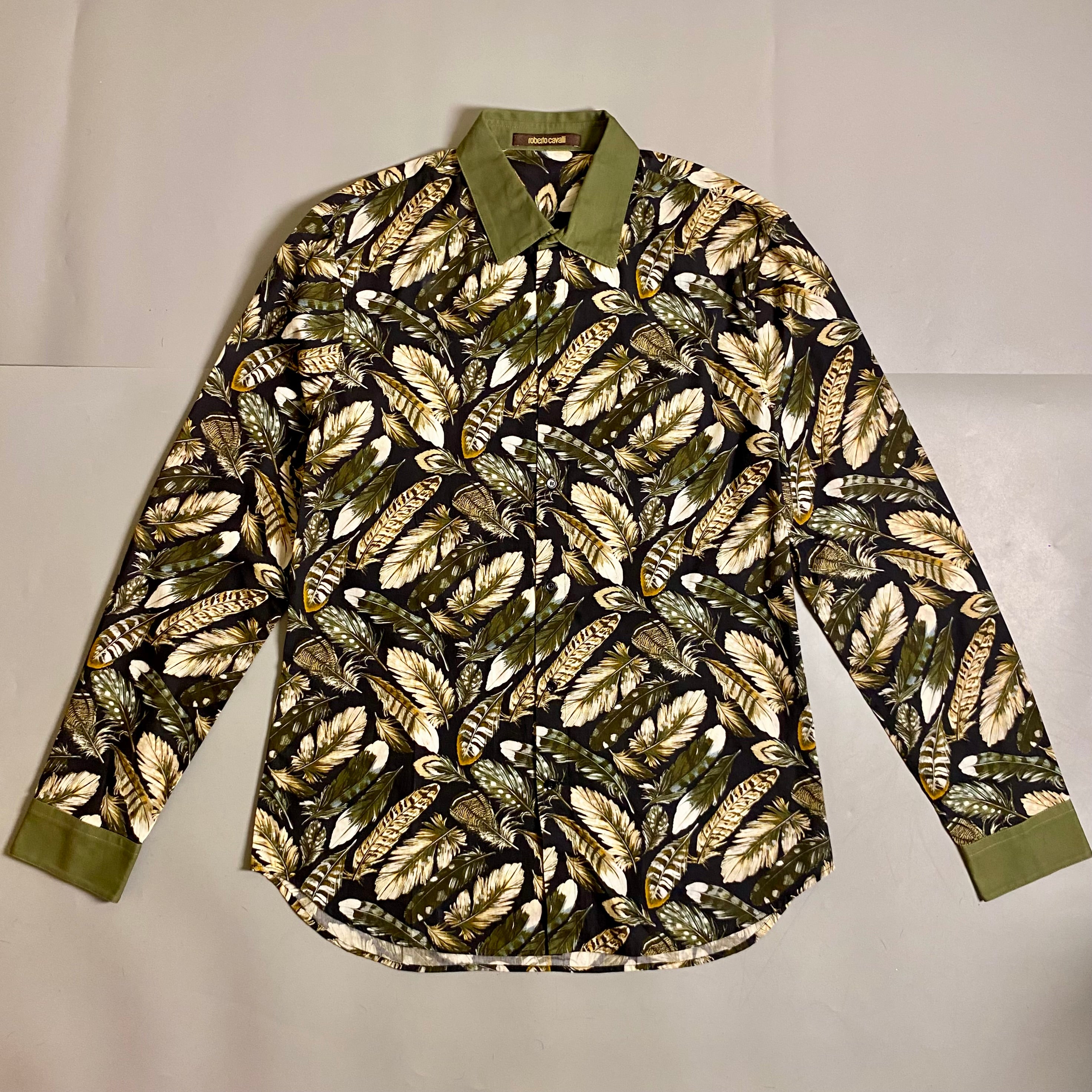 Roberto Cavalli Feathers print button down long sleeve