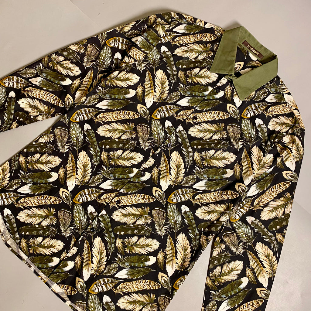 Roberto Cavalli Feathers print button down long sleeve