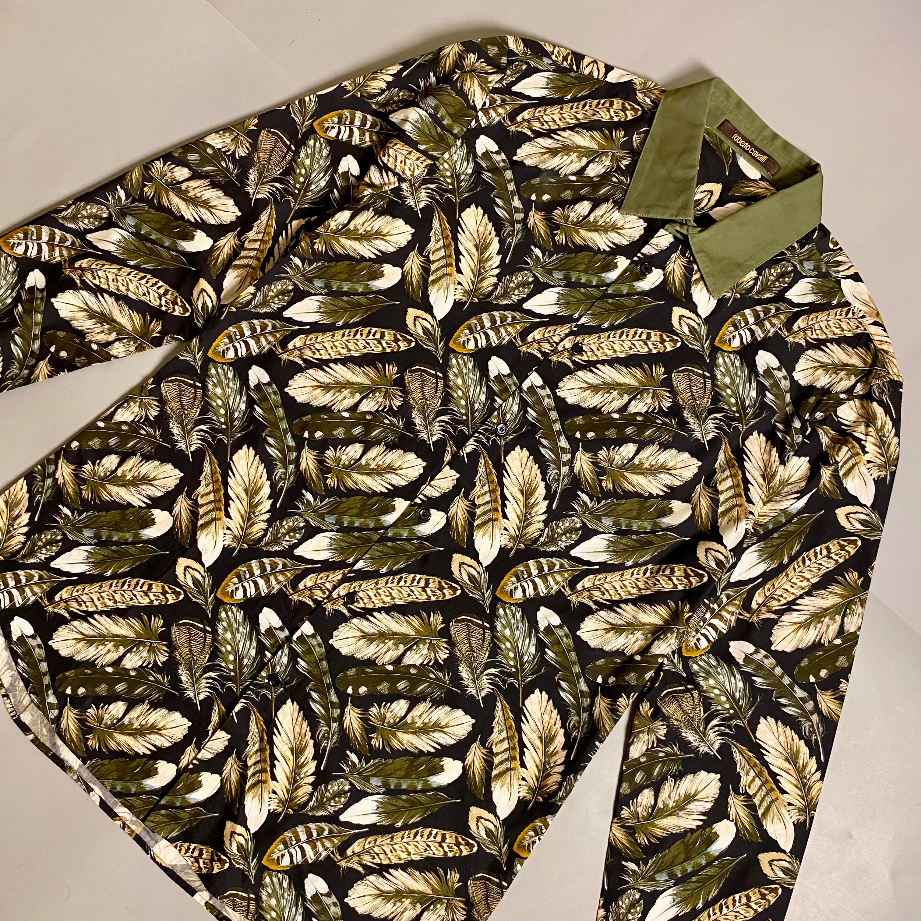Roberto Cavalli Feathers print button down long sleeve