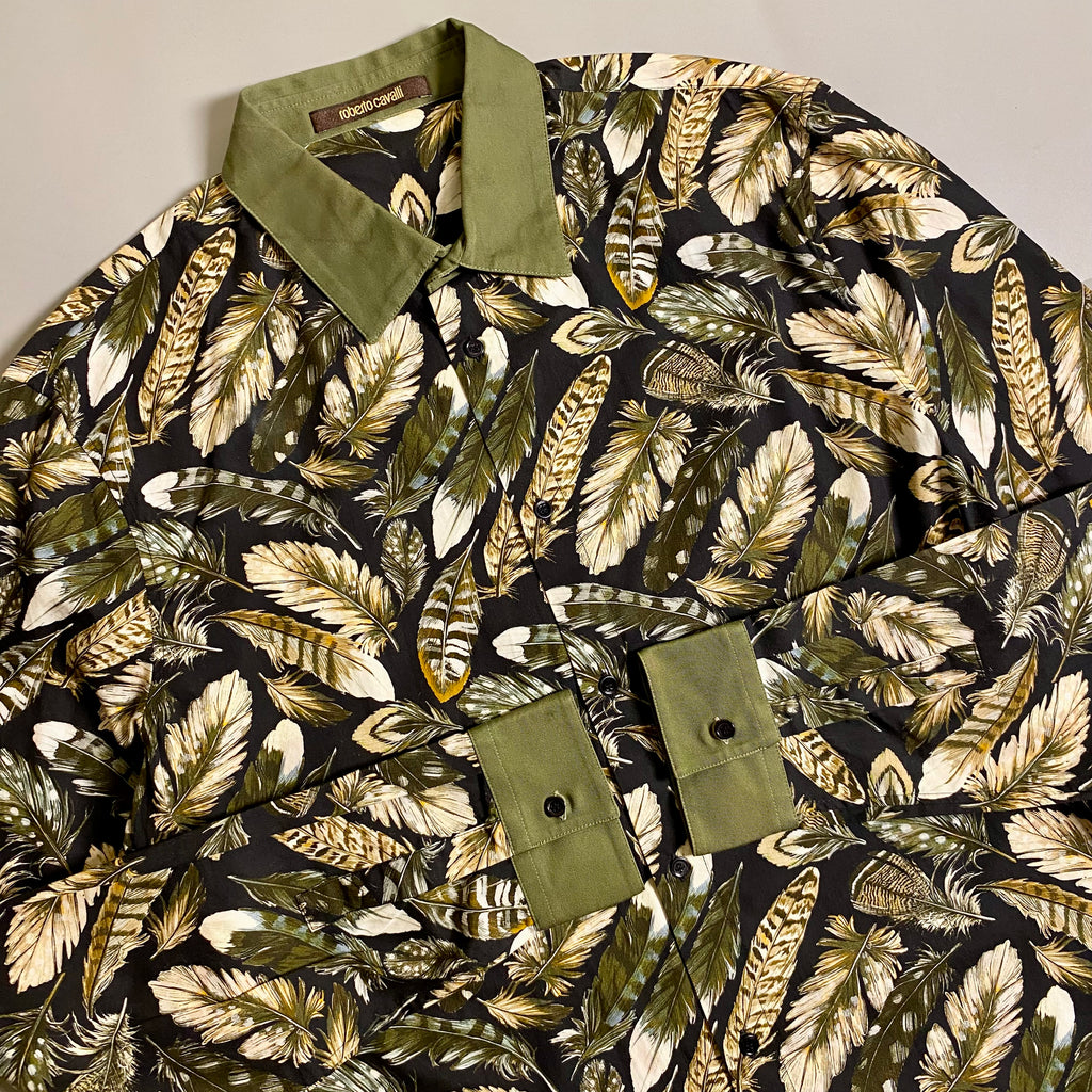Roberto Cavalli Feathers print button down long sleeve