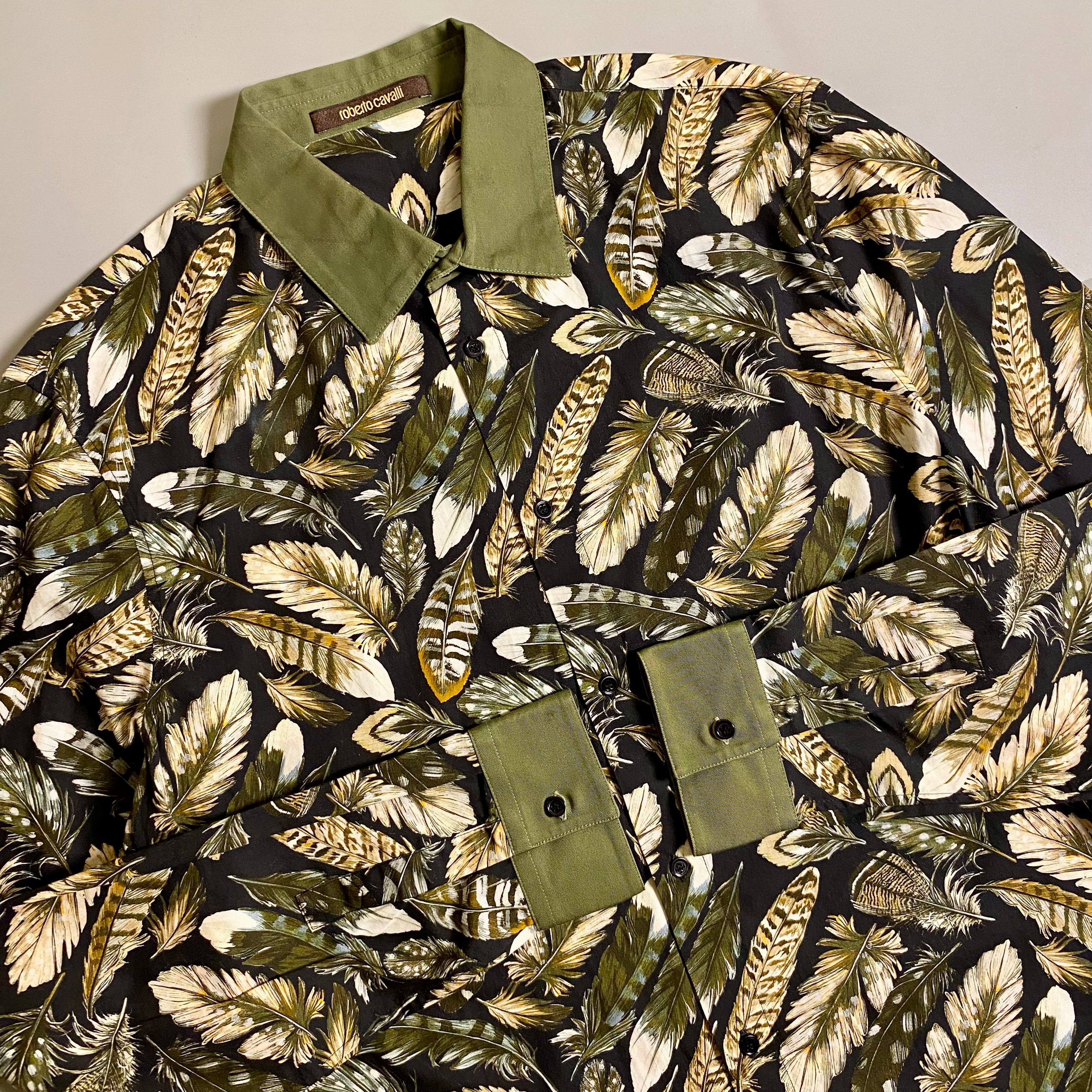 Roberto Cavalli Feathers print button down long sleeve