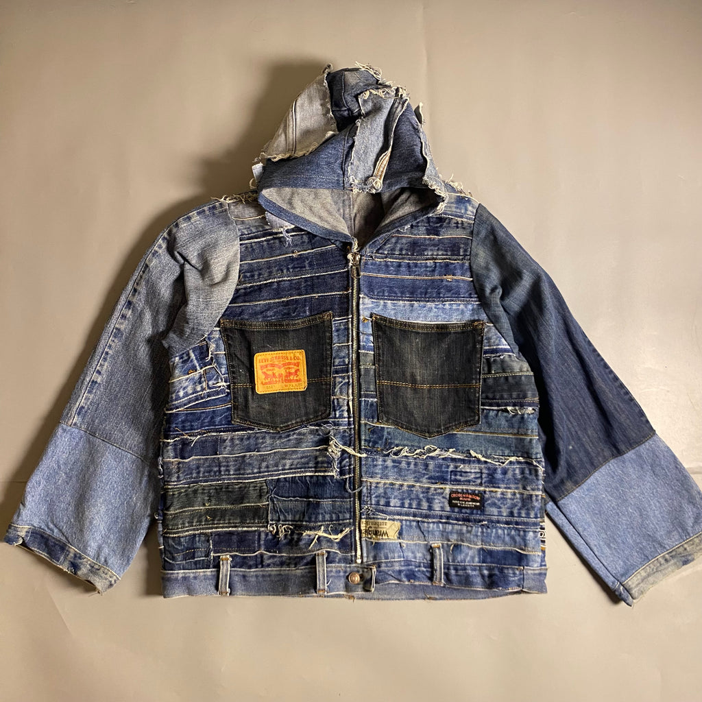 Custom upcycled patchwork denim jacket with a hoodie