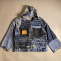Custom upcycled patchwork denim jacket with a hoodie