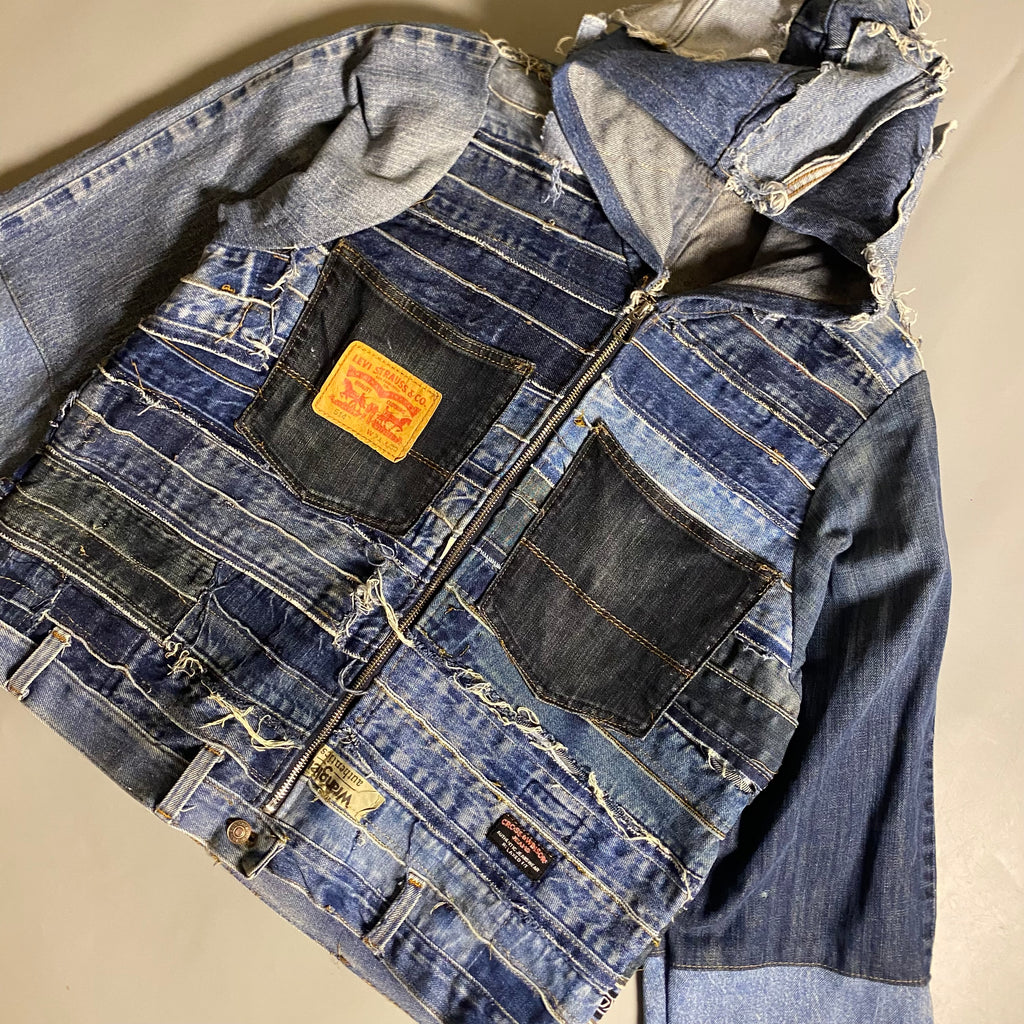 Custom upcycled patchwork denim jacket with a hoodie