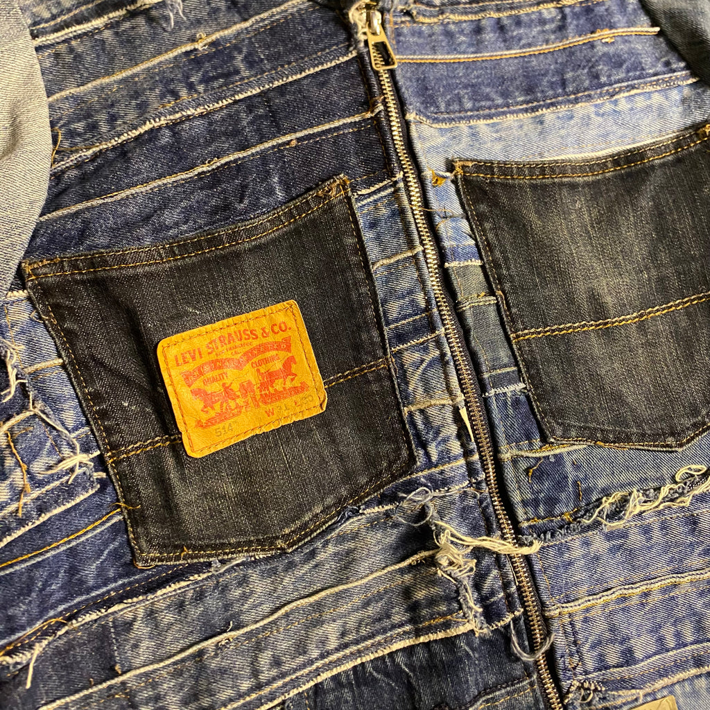 Custom upcycled patchwork denim jacket with a hoodie