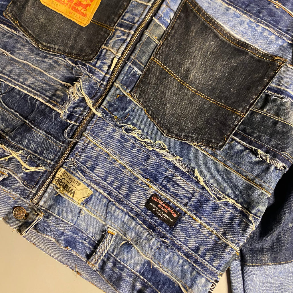 Custom upcycled patchwork denim jacket with a hoodie