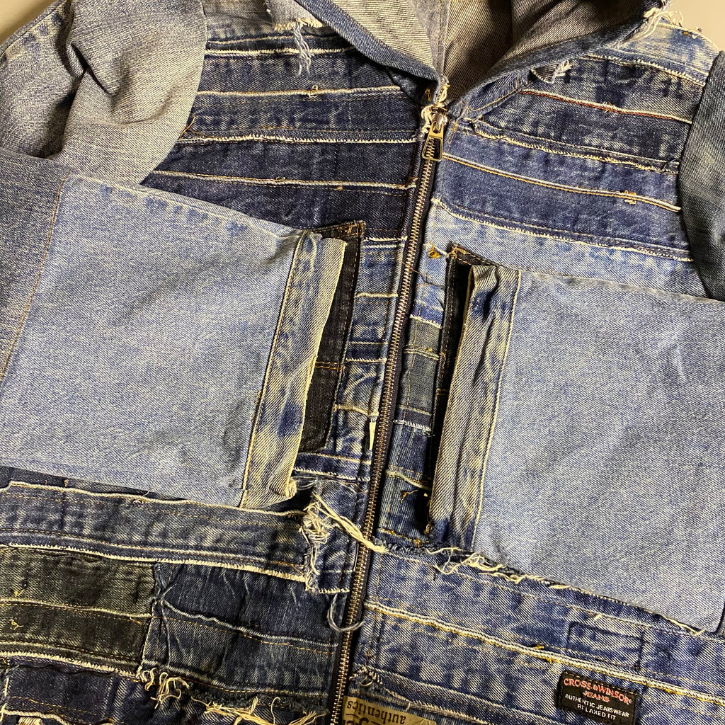 Custom upcycled patchwork denim jacket with a hoodie