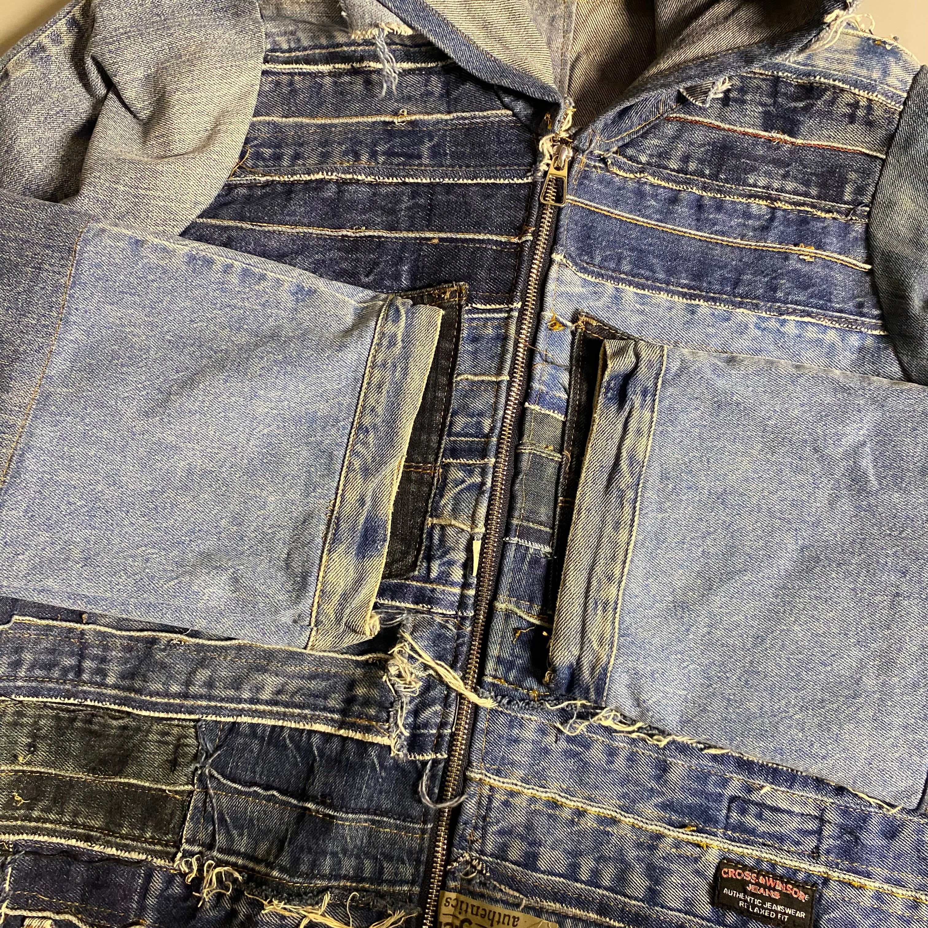 Custom upcycled patchwork denim jacket with a hoodie