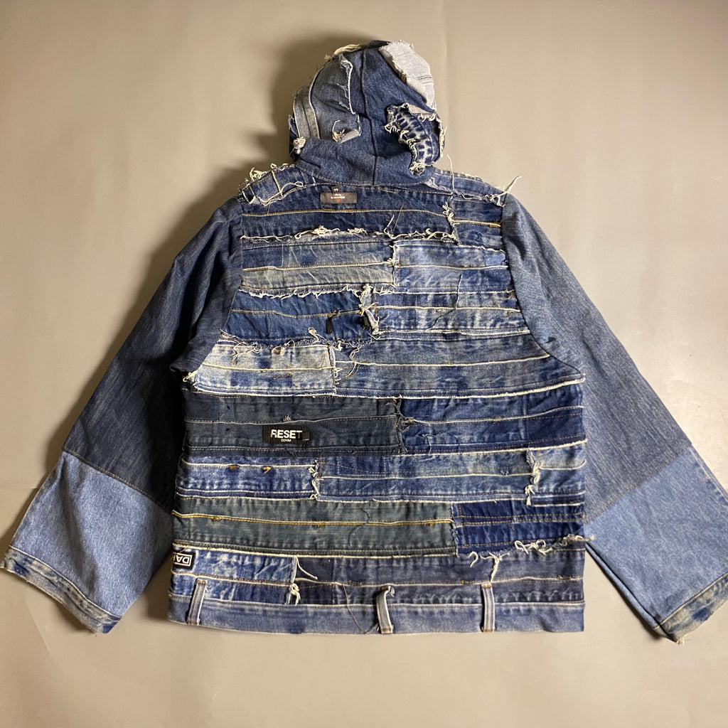 Custom upcycled patchwork denim jacket with a hoodie