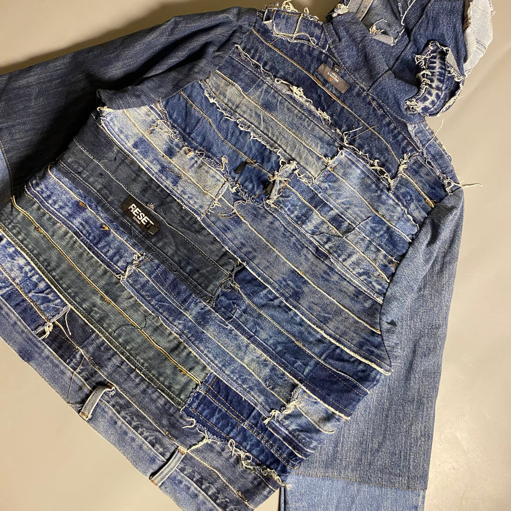Custom upcycled patchwork denim jacket with a hoodie