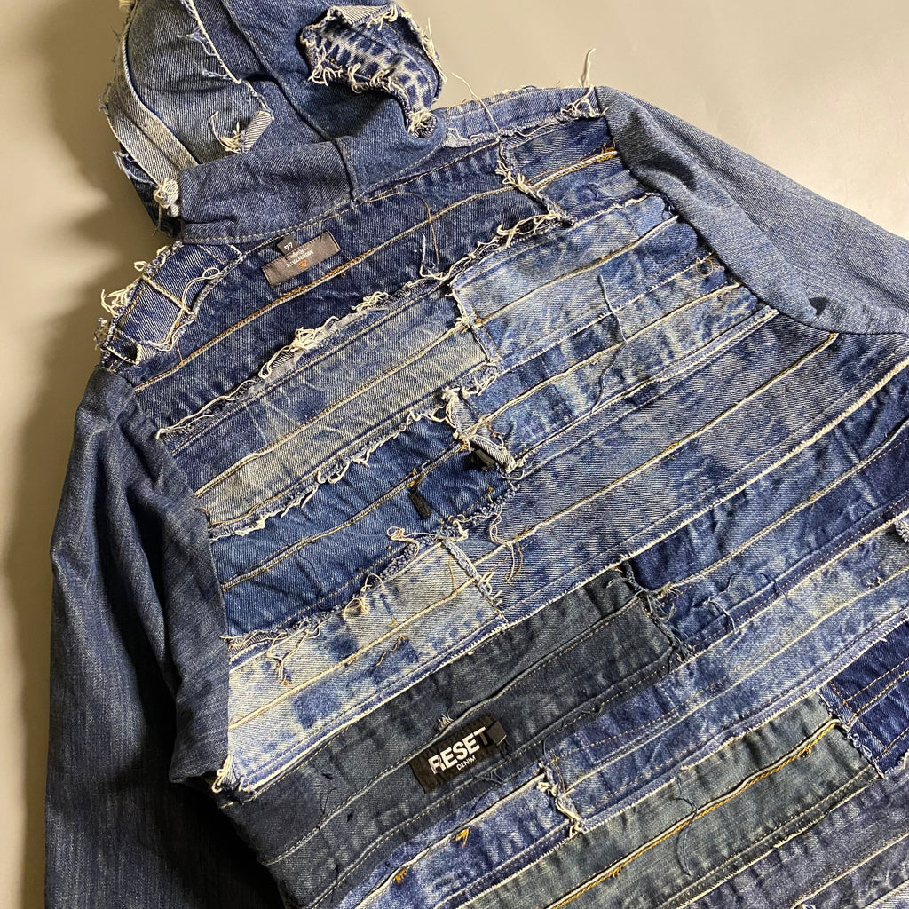 Custom upcycled patchwork denim jacket with a hoodie