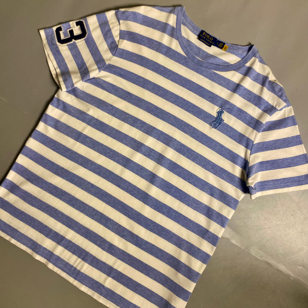 Polo Ralph Lauren Striped Jersey T-Shirt in a light blue and white horizontal stripe