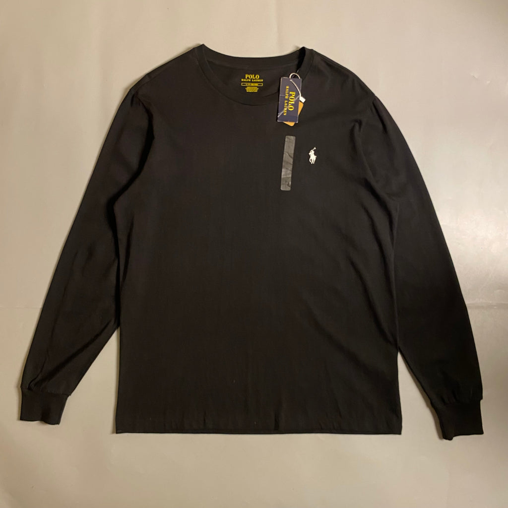 Polo Ralph Lauren black long-sleeve cotton crewneck t-shirt with a white embroidered pony logo on the chest
