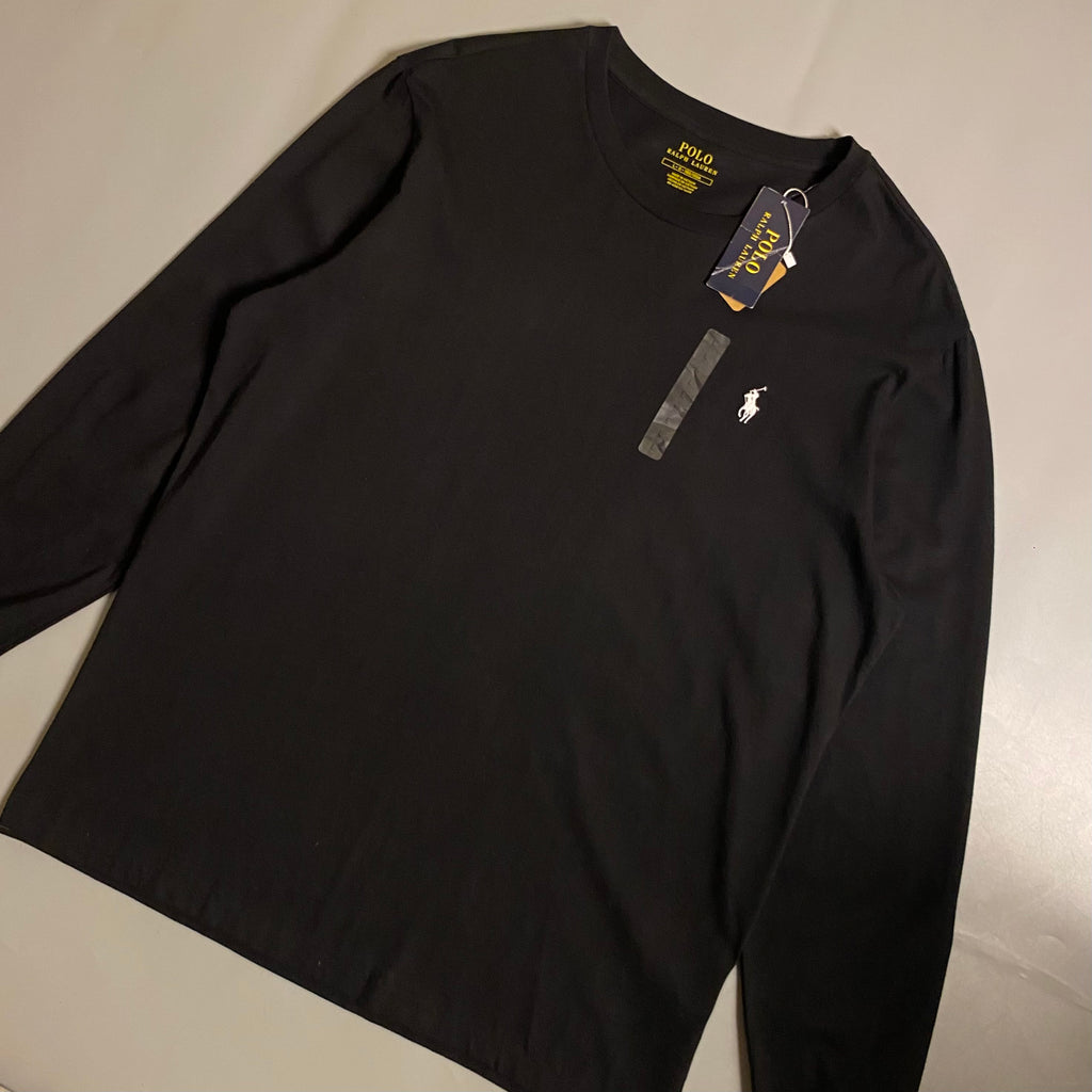Polo Ralph Lauren black long-sleeve cotton crewneck t-shirt with a white embroidered pony logo on the chest