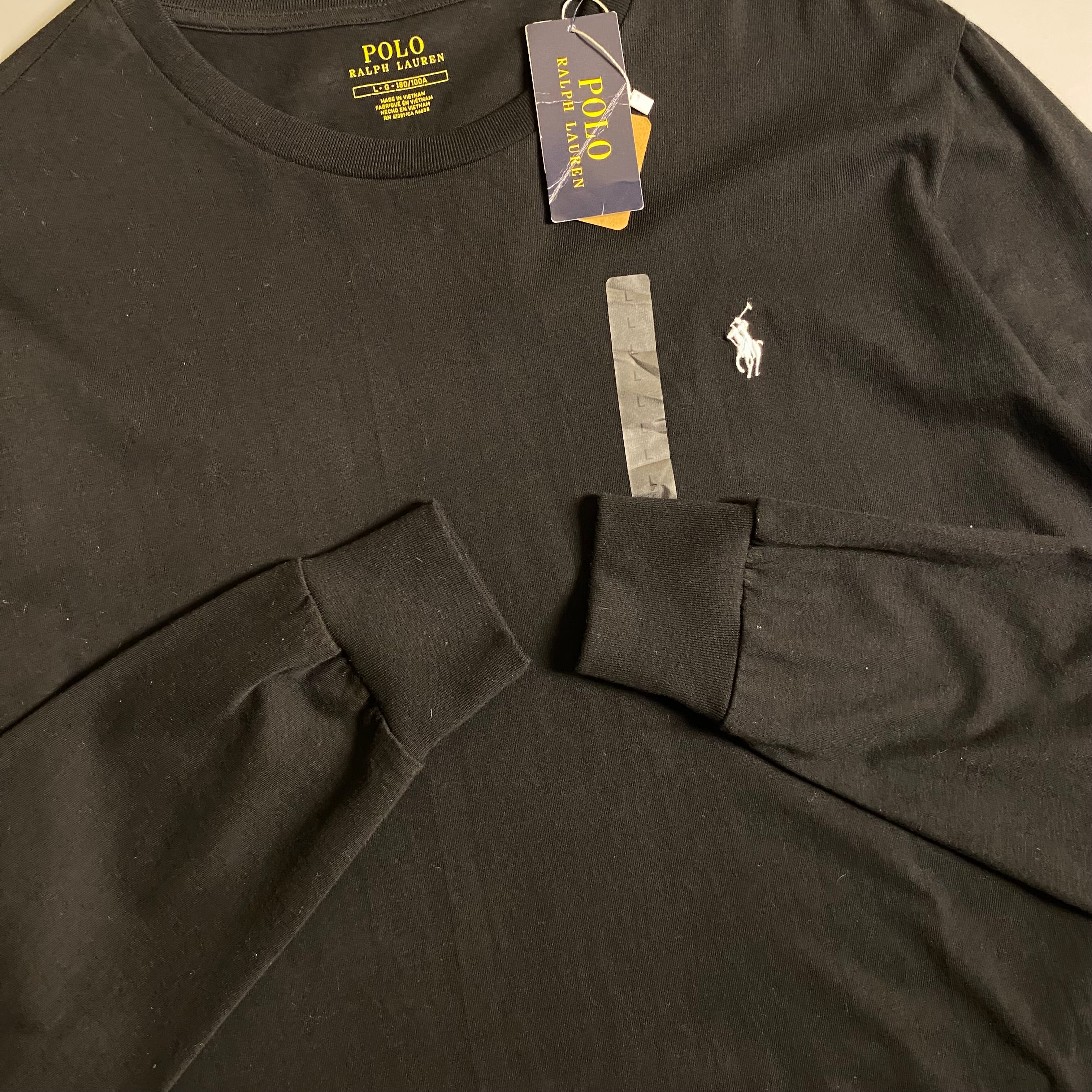 Polo Ralph Lauren black long-sleeve cotton crewneck t-shirt with a white embroidered pony logo on the chest