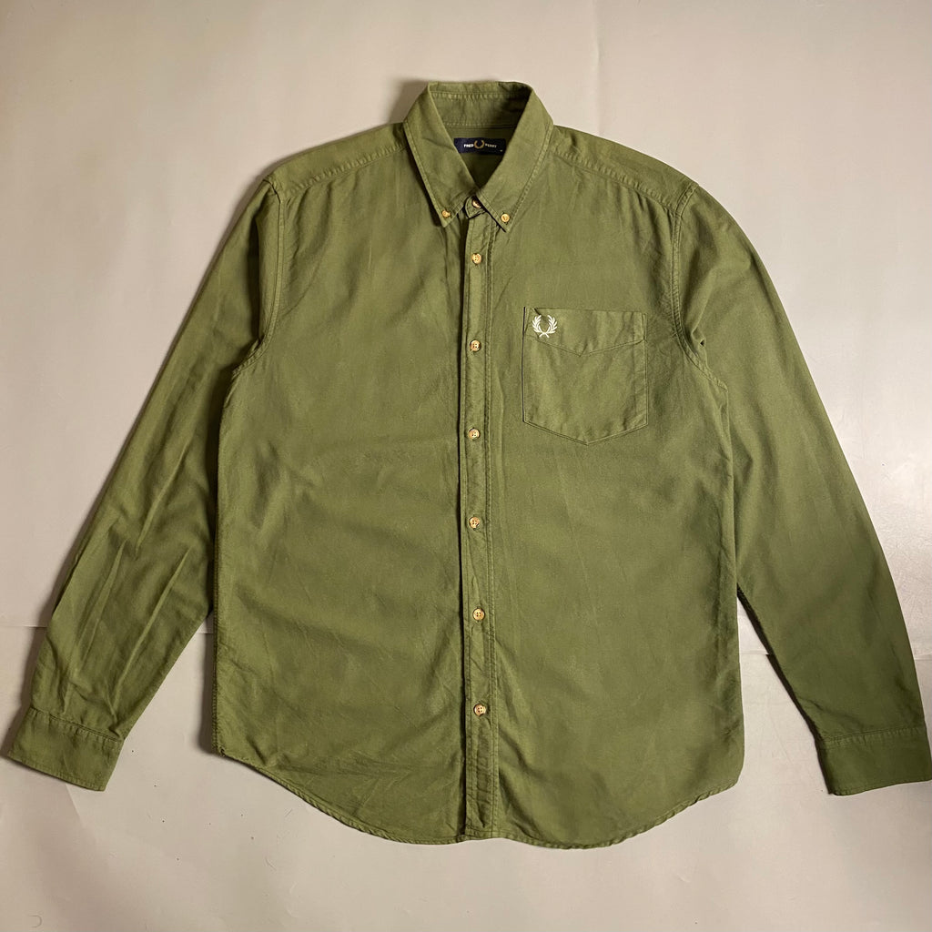 Fred Perry Overdyed Long Sleeve Oxford Shirt in military green