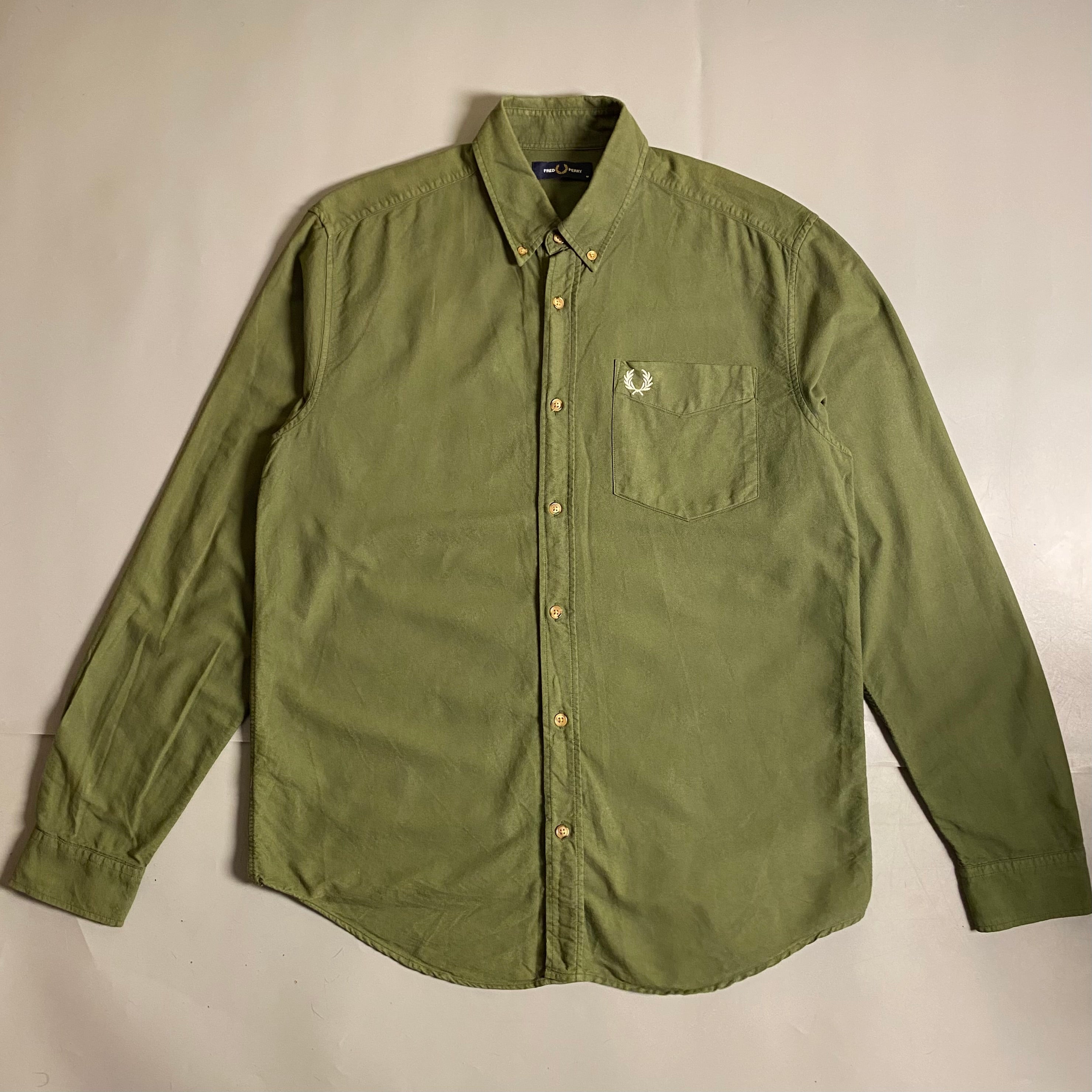Fred Perry Overdyed Long Sleeve Oxford Shirt in military green