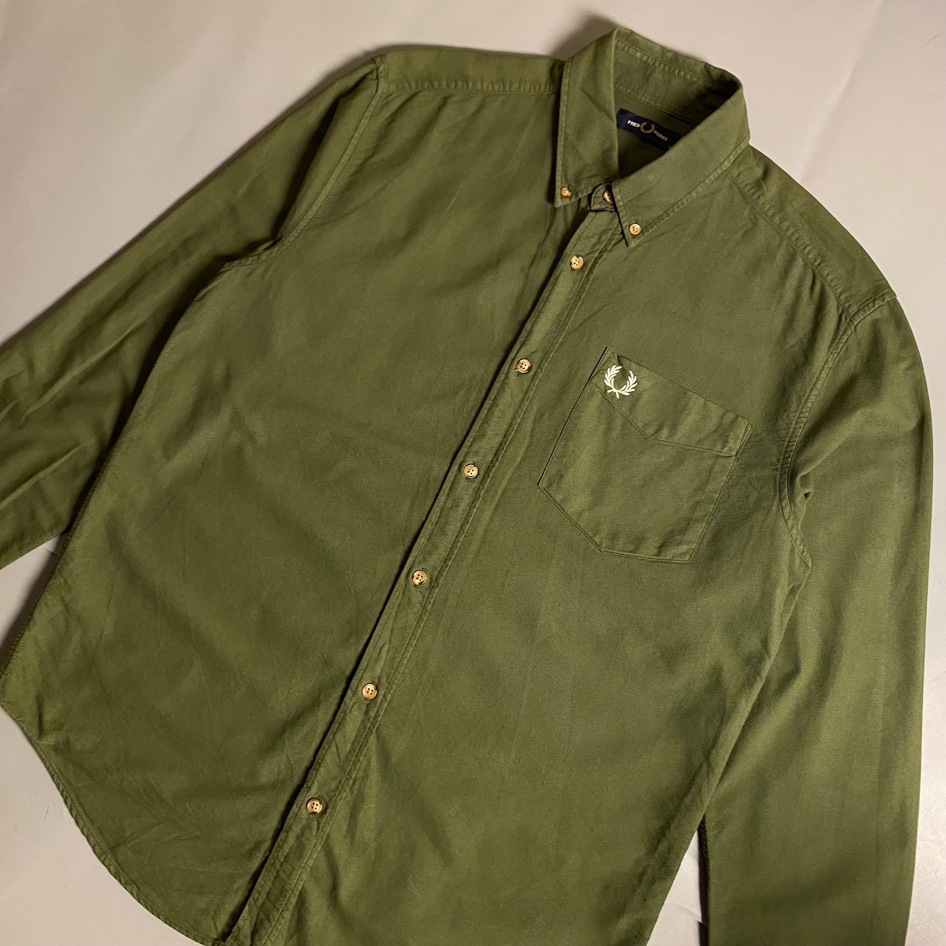 Fred Perry Overdyed Long Sleeve Oxford Shirt in military green