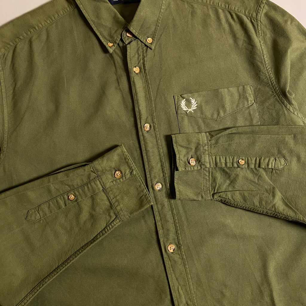 Fred Perry Overdyed Long Sleeve Oxford Shirt in military green