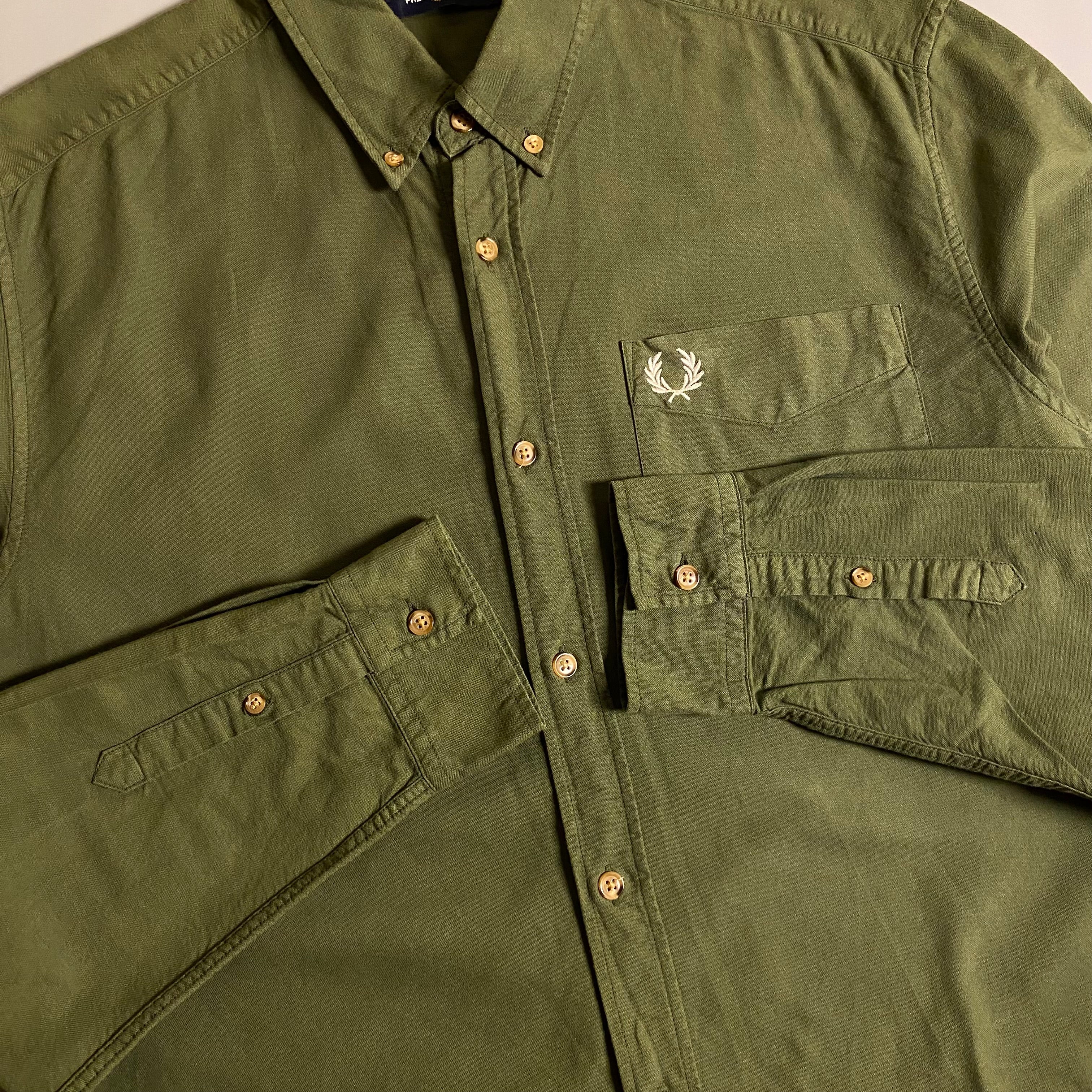 Fred Perry Overdyed Long Sleeve Oxford Shirt in military green