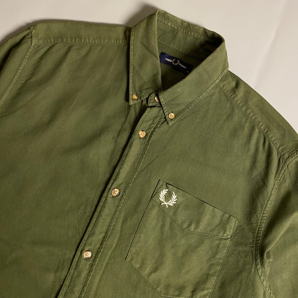 Fred Perry Overdyed Long Sleeve Oxford Shirt in military green