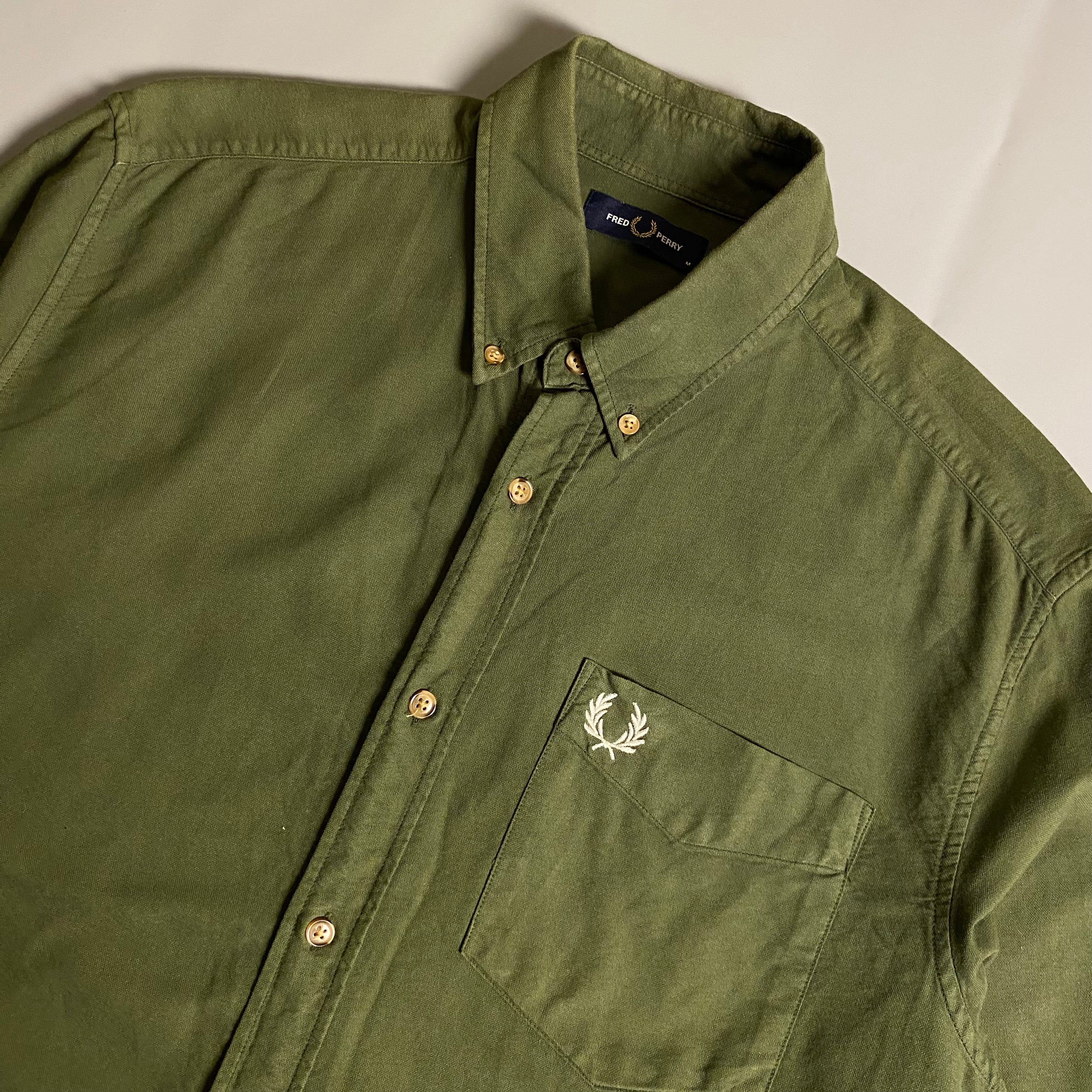 Fred Perry Overdyed Long Sleeve Oxford Shirt in military green