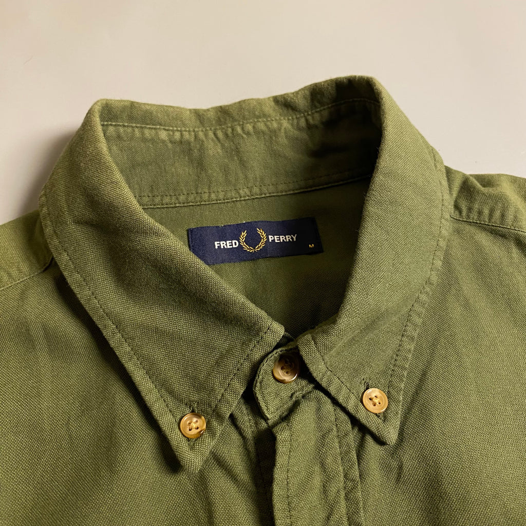 Fred Perry Overdyed Long Sleeve Oxford Shirt in military green