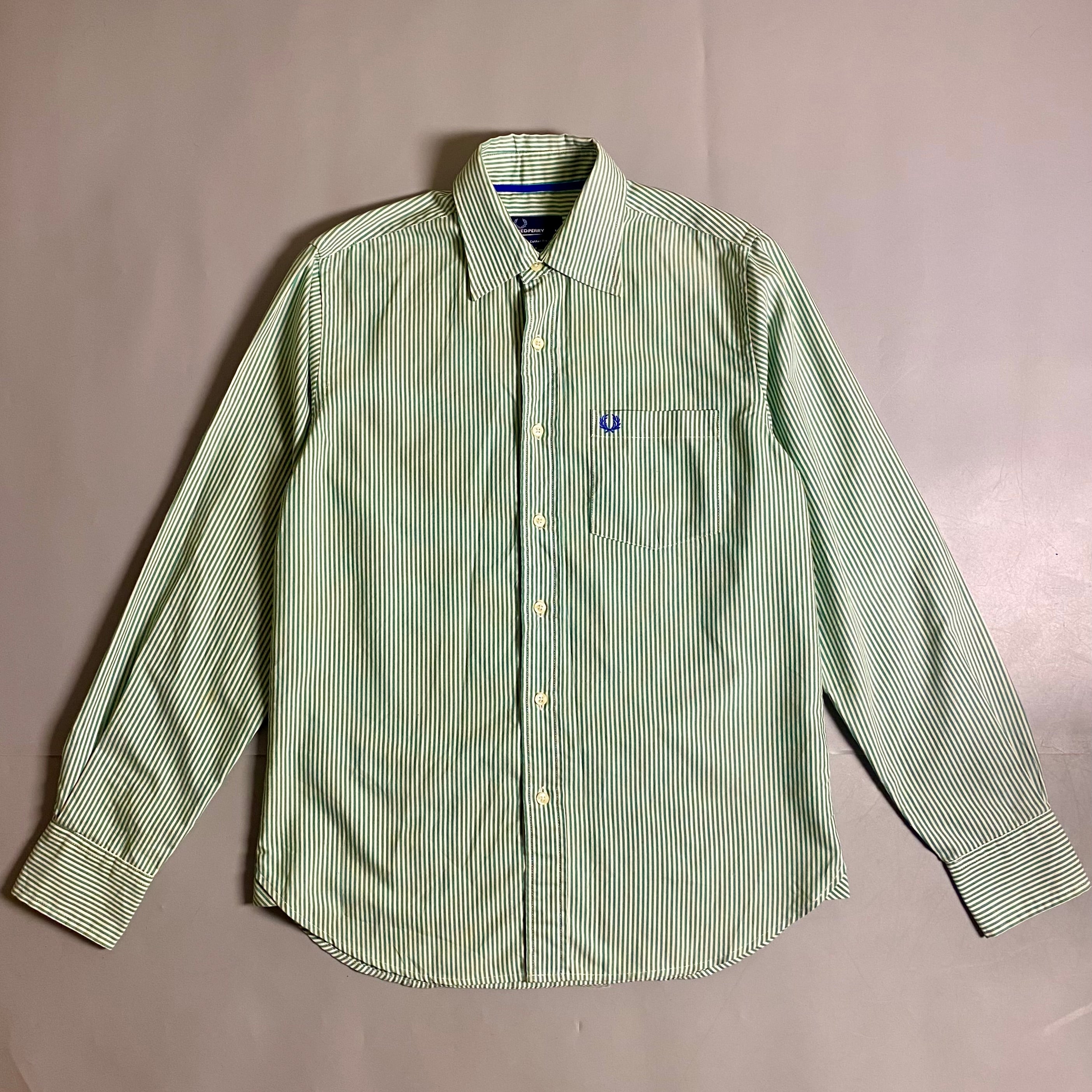 Fred Perry green and white vertical stripe button down long sleeve