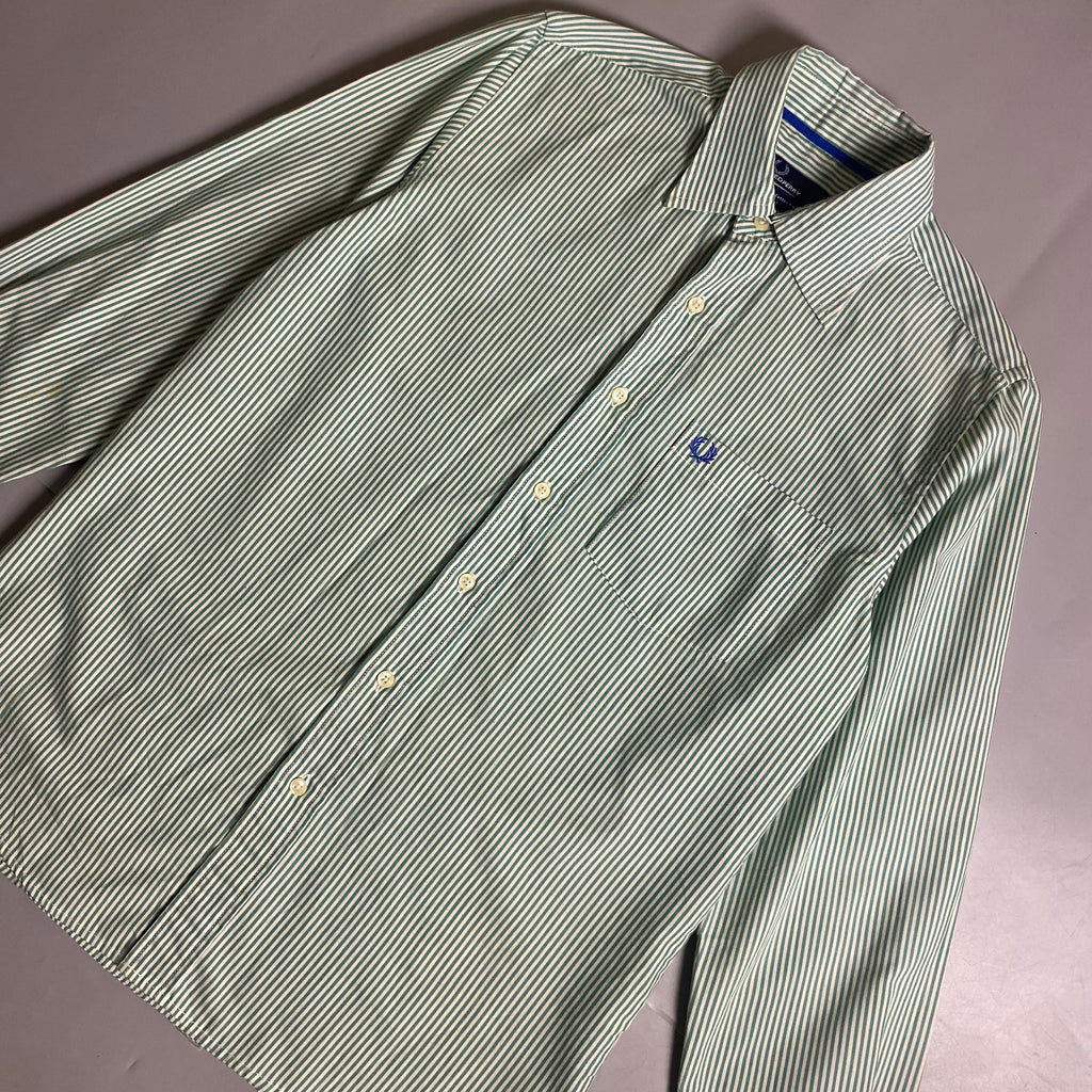 Fred Perry green and white vertical stripe button down long sleeve
