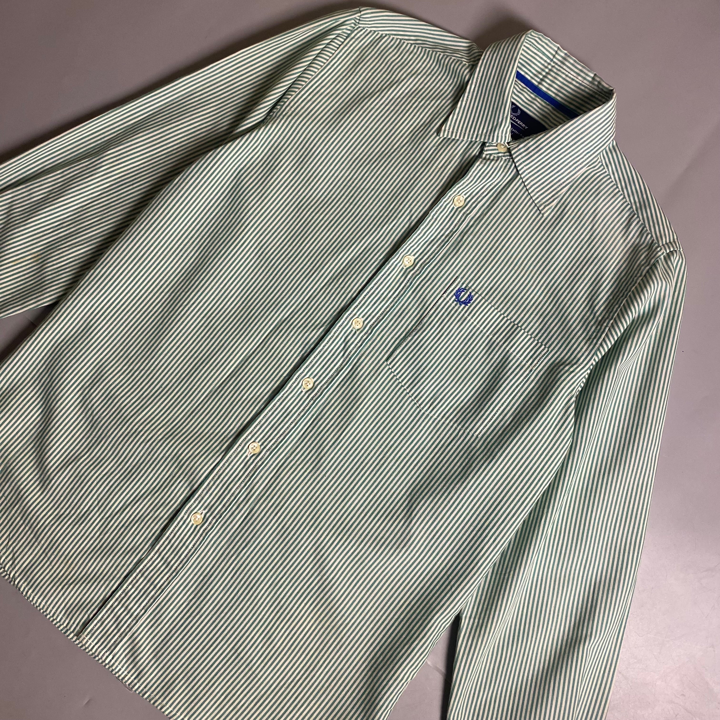 Fred Perry green and white vertical stripe button down long sleeve