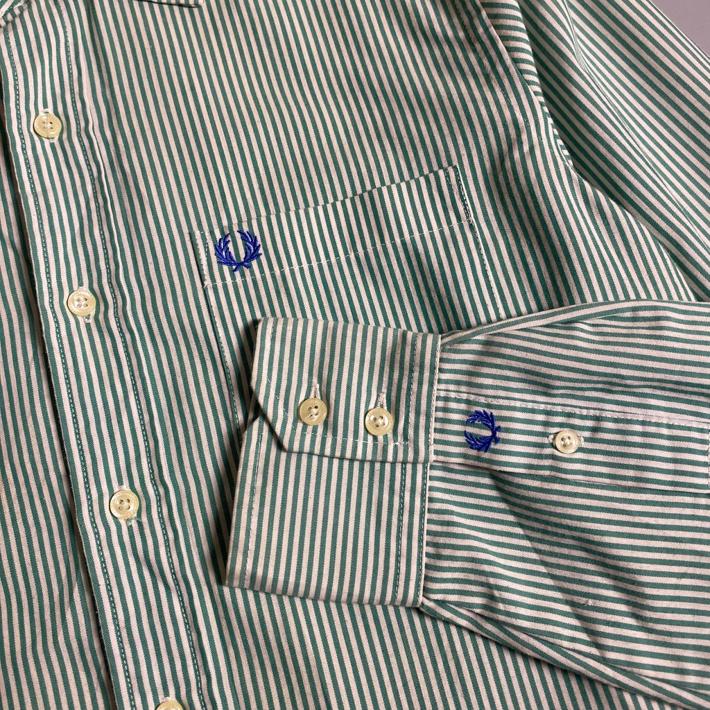 Fred Perry green and white vertical stripe button down long sleeve
