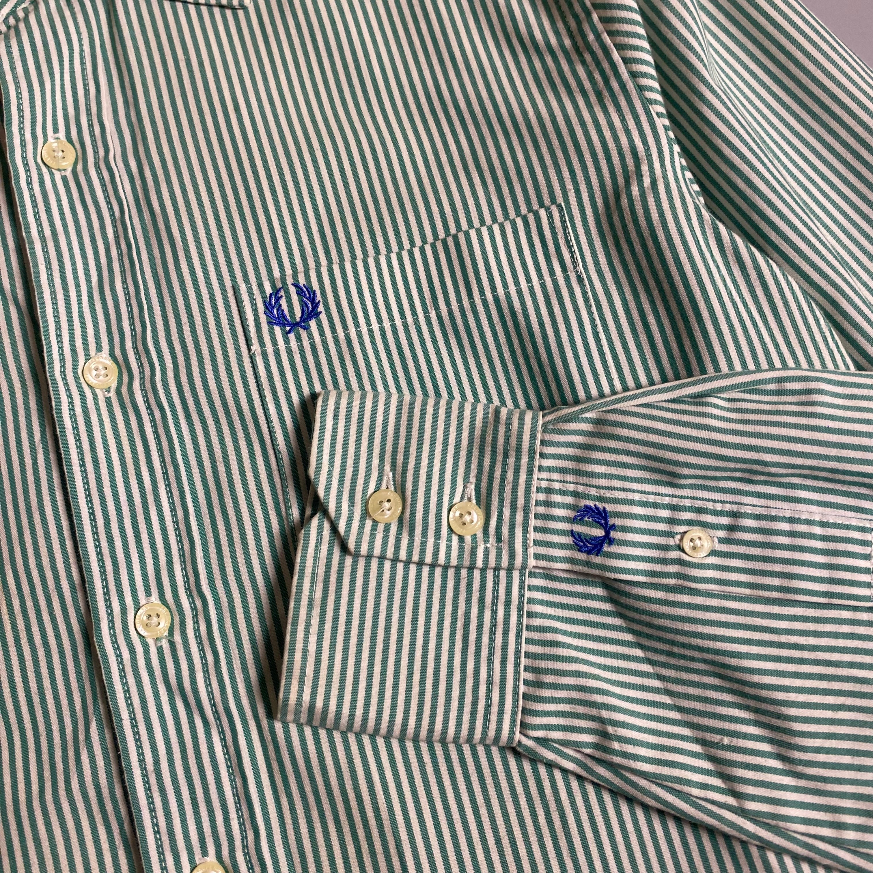 Fred Perry green and white vertical stripe button down long sleeve