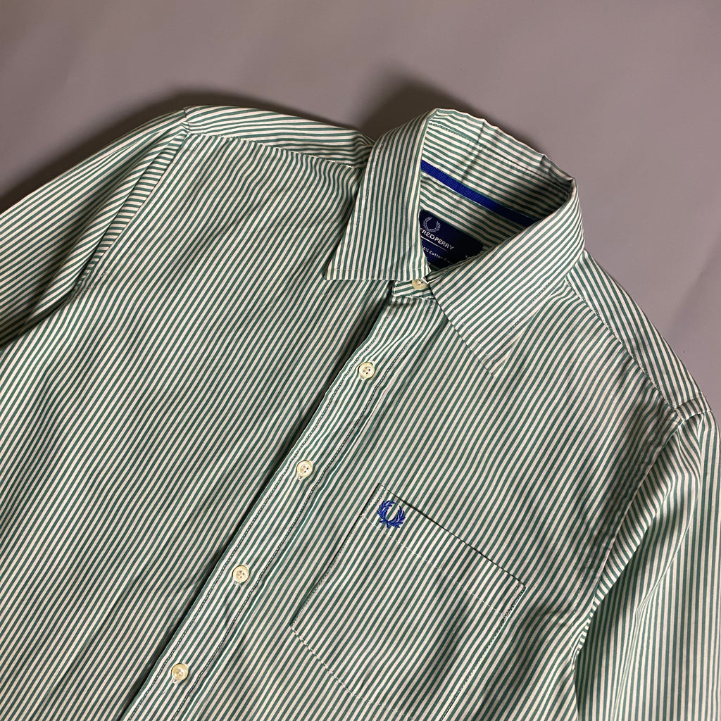 Fred Perry green and white vertical stripe button down long sleeve