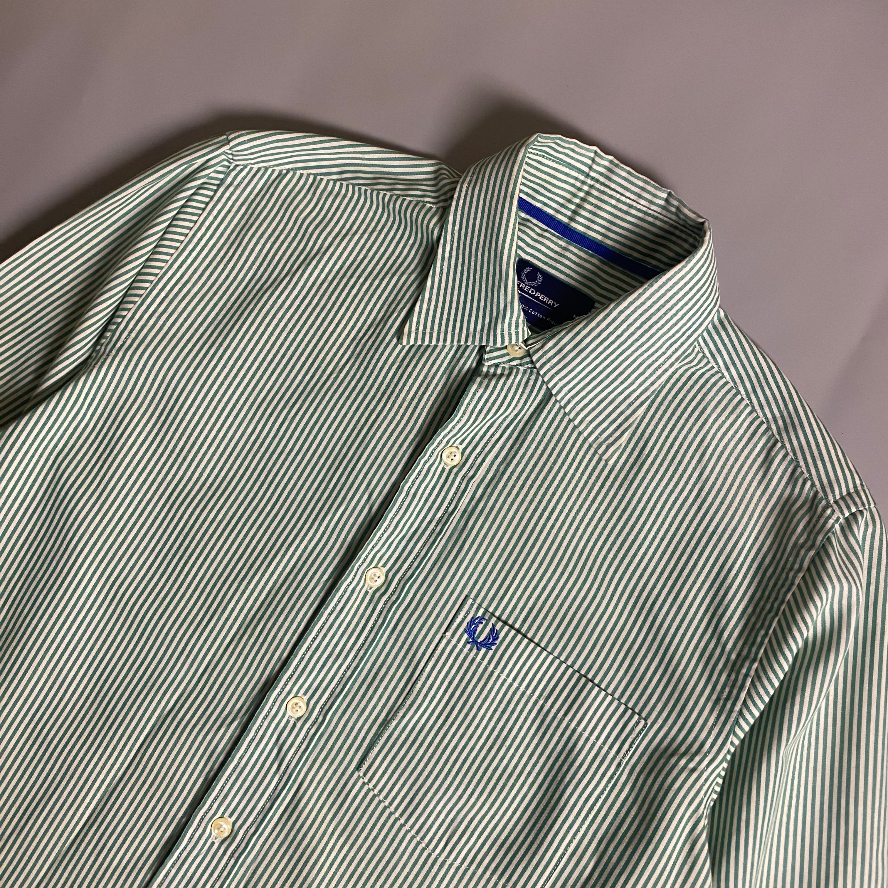 Fred Perry green and white vertical stripe button down long sleeve