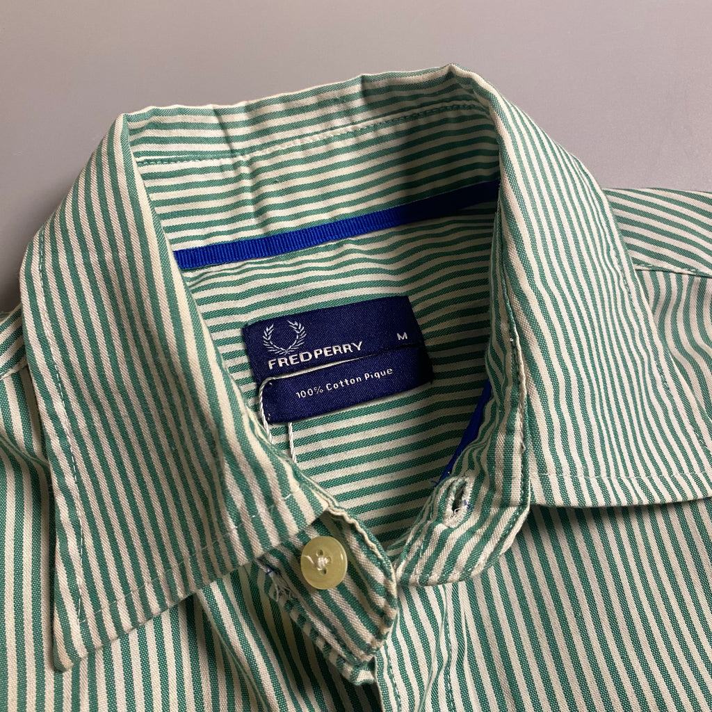 Fred Perry green and white vertical stripe button down long sleeve