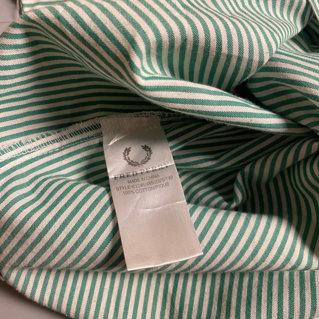 Fred Perry green and white vertical stripe button down long sleeve