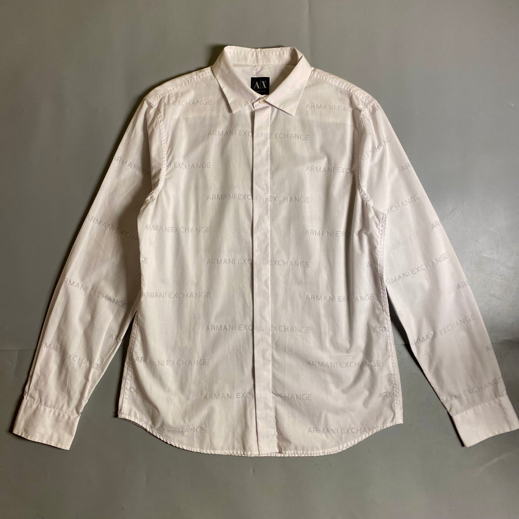 Armani Exchange men's long sleeve button-down shirt featuring an all-over printed logo design
