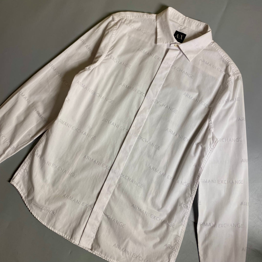 Armani Exchange men's long sleeve button-down shirt featuring an all-over printed logo design