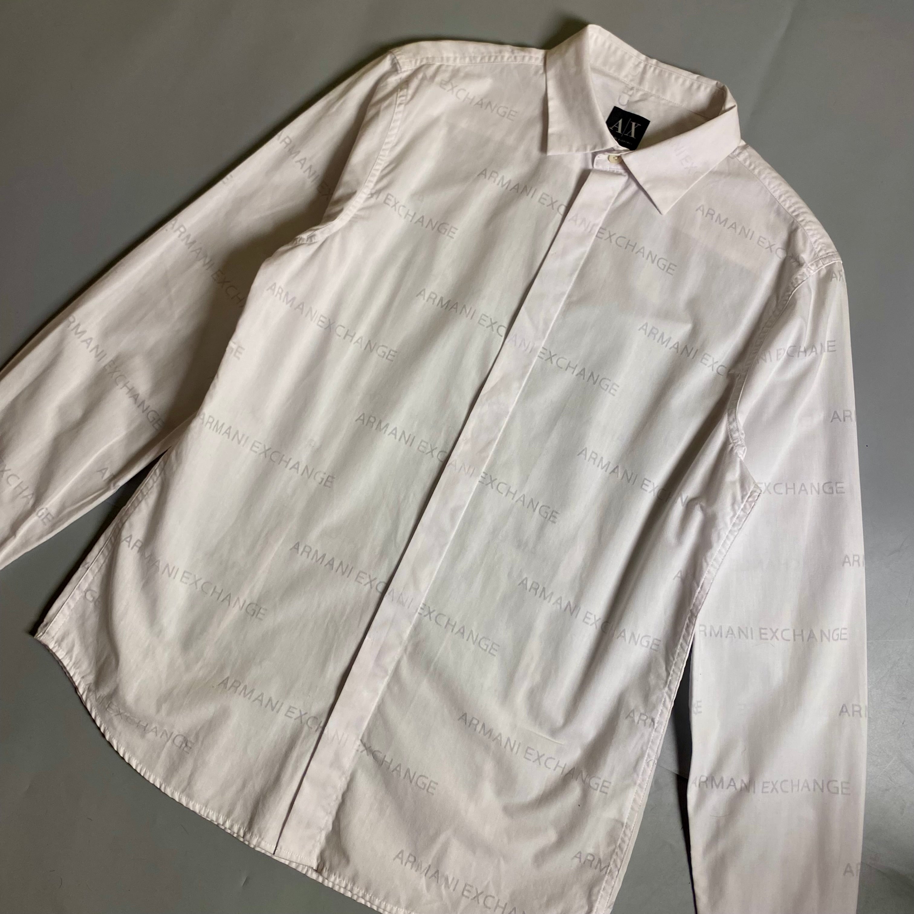 Armani Exchange men's long sleeve button-down shirt featuring an all-over printed logo design
