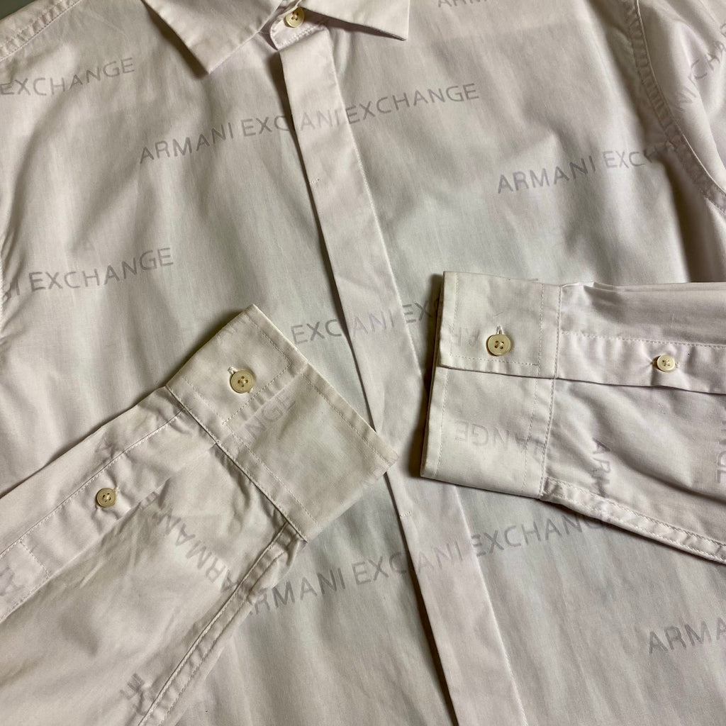 Armani Exchange men's long sleeve button-down shirt featuring an all-over printed logo design