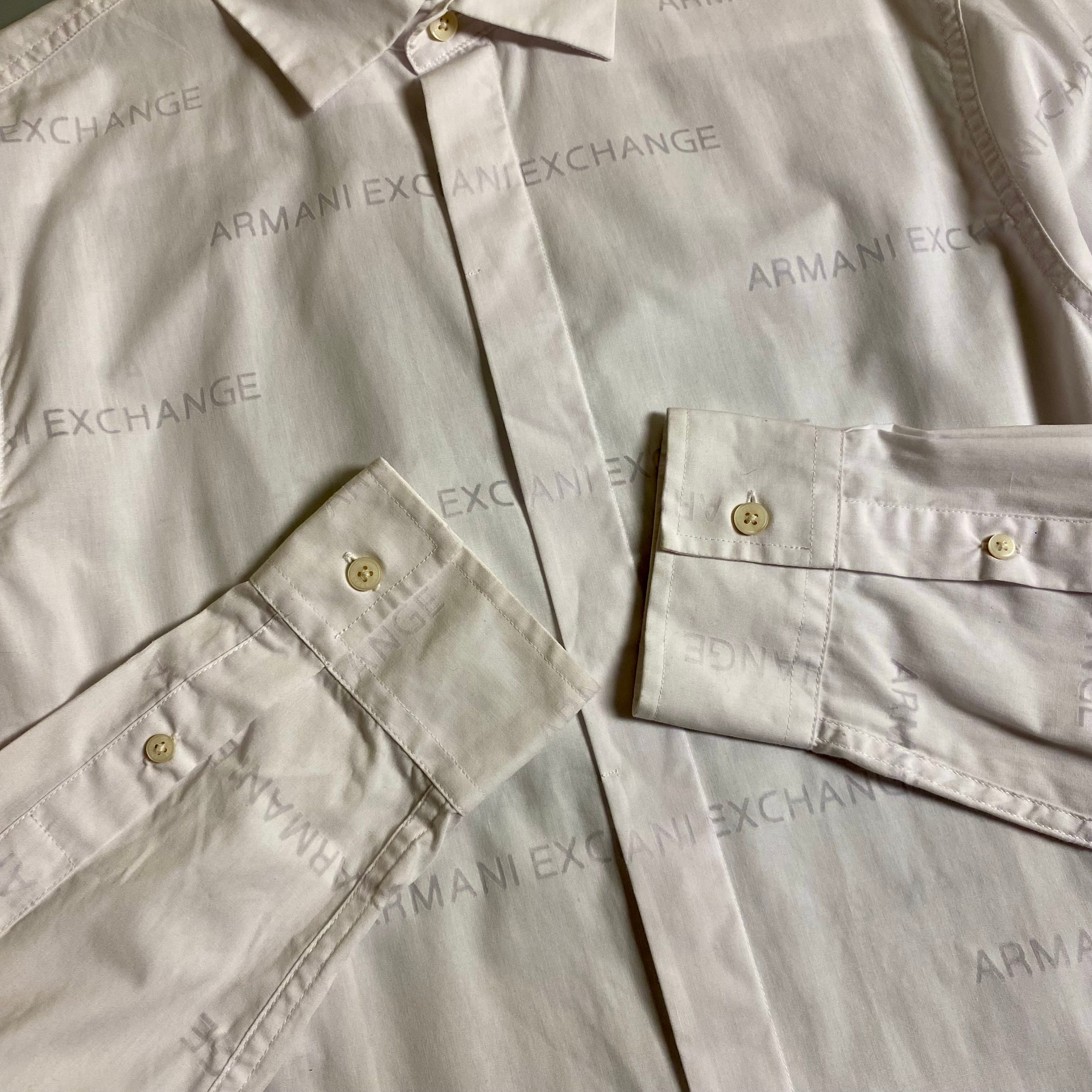 Armani Exchange men's long sleeve button-down shirt featuring an all-over printed logo design
