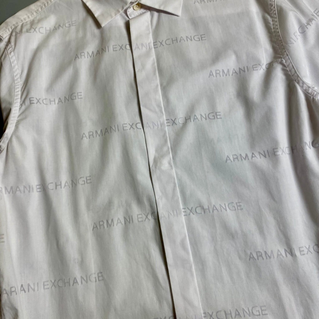 Armani Exchange men's long sleeve button-down shirt featuring an all-over printed logo design