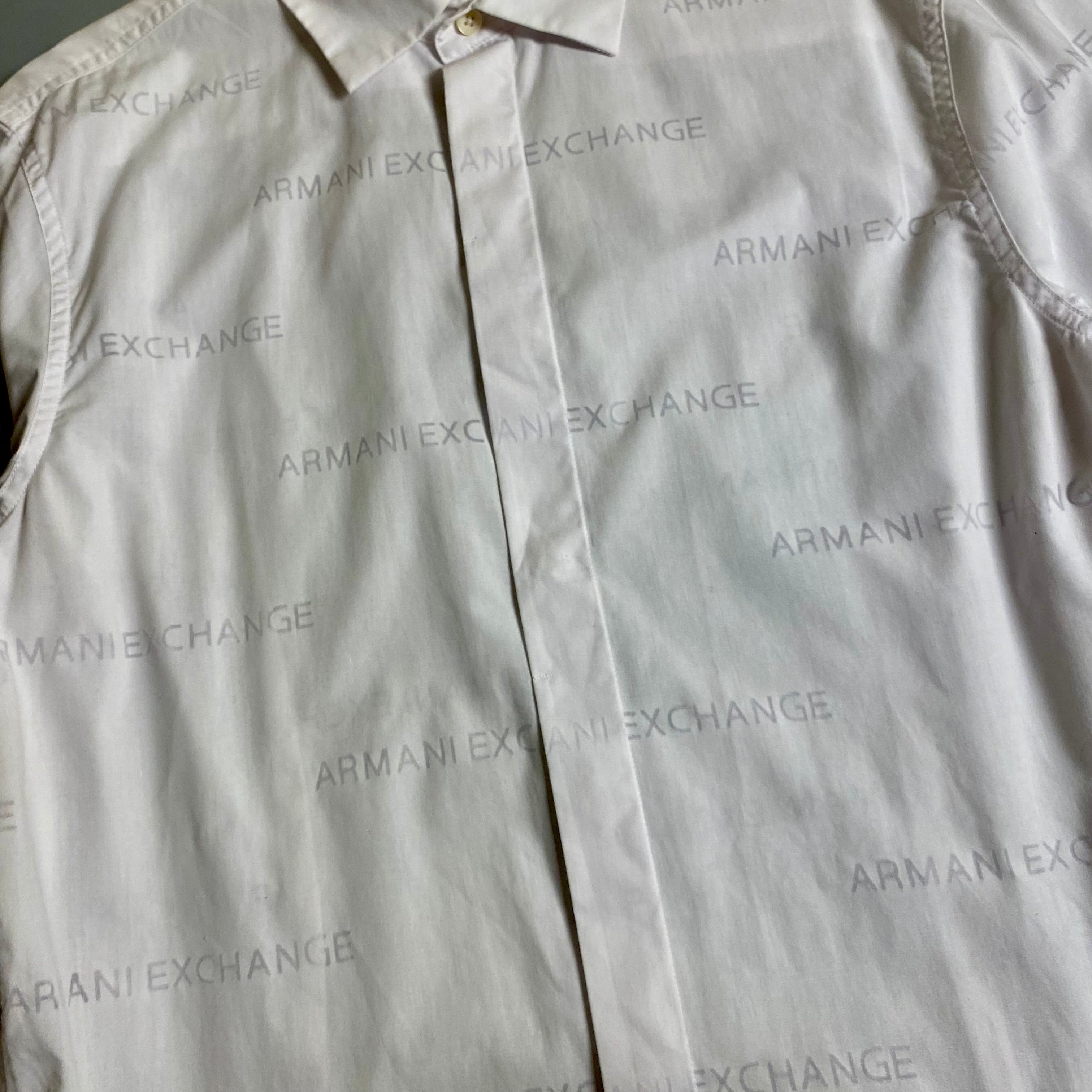 Armani Exchange men's long sleeve button-down shirt featuring an all-over printed logo design