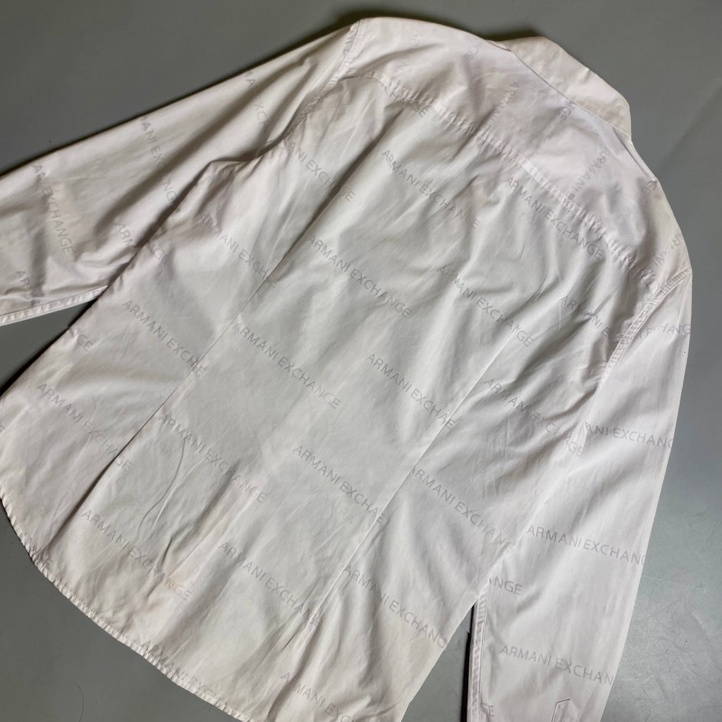 Armani Exchange men's long sleeve button-down shirt featuring an all-over printed logo design