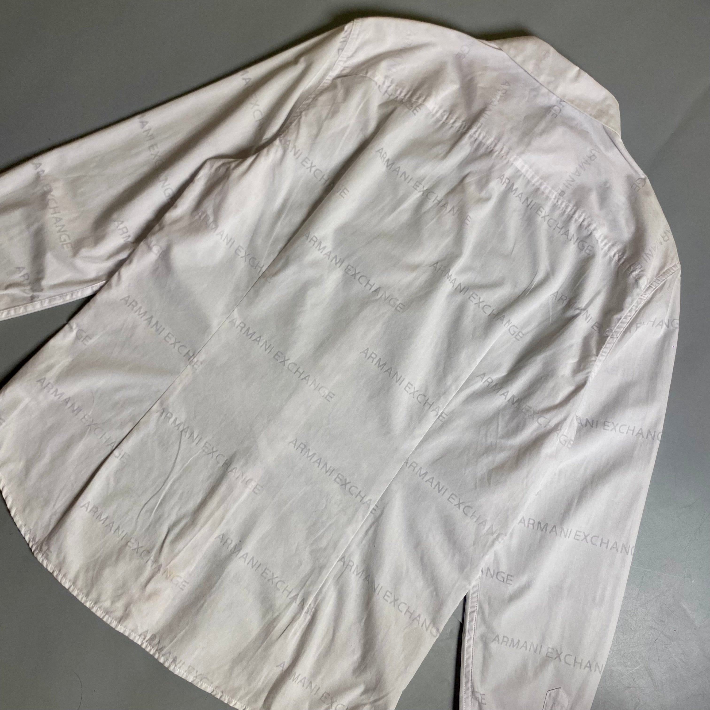 Armani Exchange men's long sleeve button-down shirt featuring an all-over printed logo design