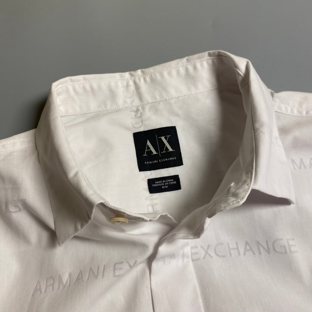 Armani Exchange men's long sleeve button-down shirt featuring an all-over printed logo design