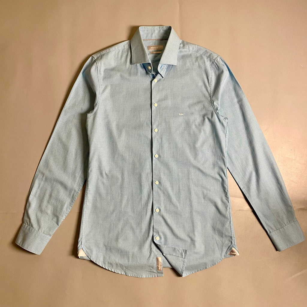 Michael Kors light blue long-sleeve &nbsp;shirt featuring a subtle micro-pattern and embroidered MK logo on the chest
