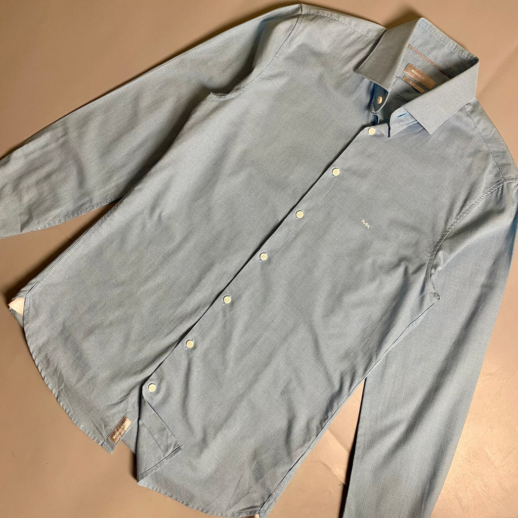 Michael Kors light blue long-sleeve &nbsp;shirt featuring a subtle micro-pattern and embroidered MK logo on the chest