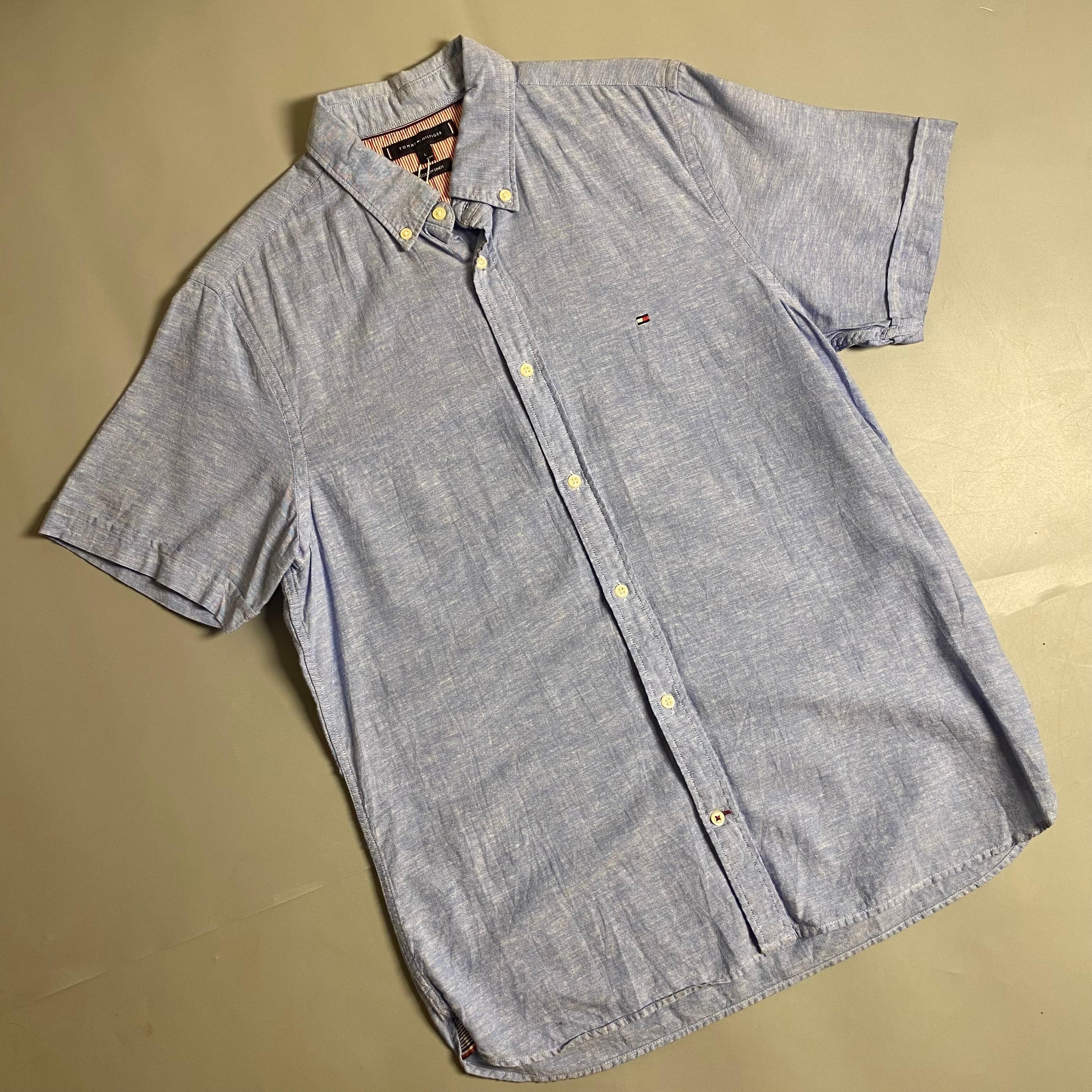 Tommy Hilfiger short sleeve linen blend button-down shirt (Light blue)